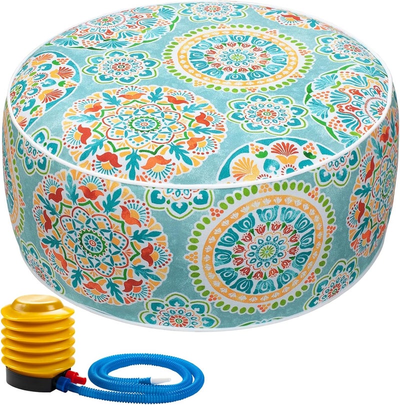 FUNHOME Inflatable Stool Ottoman Footrest with Handle, All Weather Footrest Seat with Foot Pump D20 xH9, Water Repellent Footstool Pouf for Home Patio Garden and Camping Use-Cyan Circle - Image 1